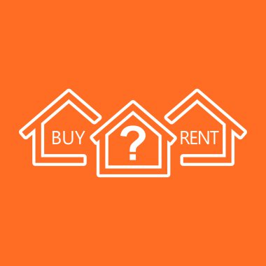 Satır tarzında ev satın alma ve kiralama arasında seçim kavramı. Soru ile beyaz ev simgesi. Turuncu arka planda düz tarzda vektör çizimi.