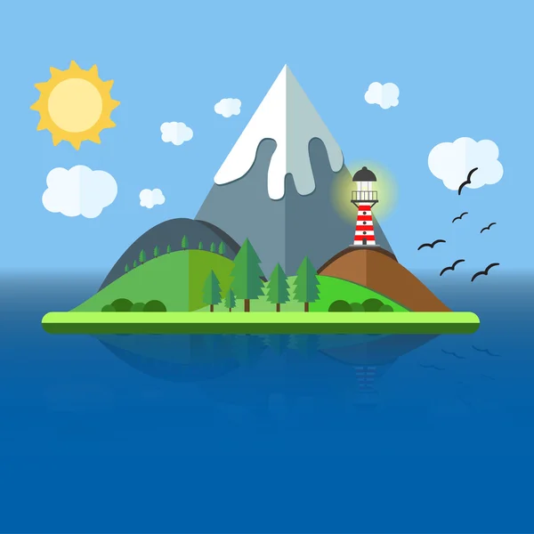 Paradise Island com montanha, colina, árvore e pássaros. Conceito de viagem de férias de verão. Ilustração em estilo plano. Fundo de viagem . — Vetor de Stock