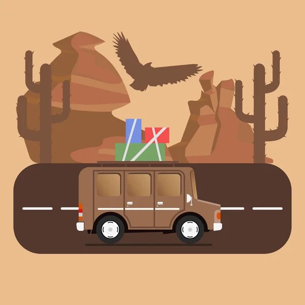 Viajar parque de campismo local paisagem. Montanhas, deserto, cacto, águia e estrada. Ilustração vetorial em estilo plano . — Vetor de Stock