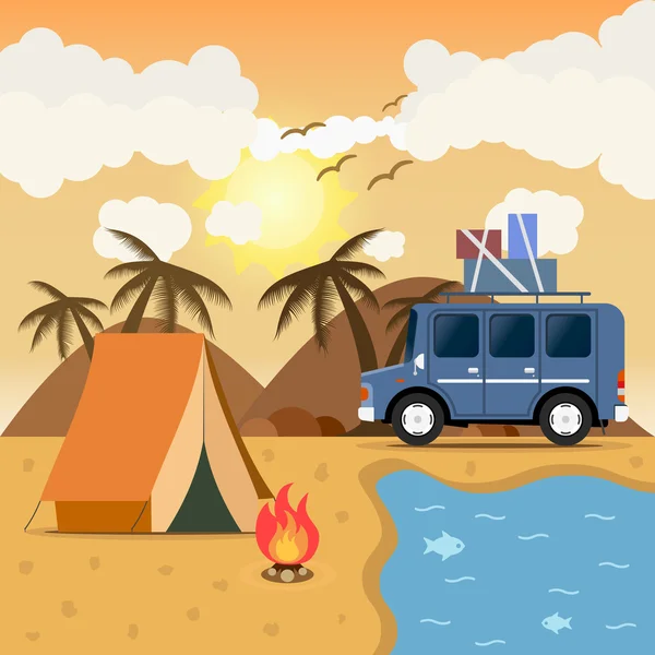 Travel car campsite place landscape. Mountains, desert, beach, birds, sea and bonfire. Vector illustration in flat style.