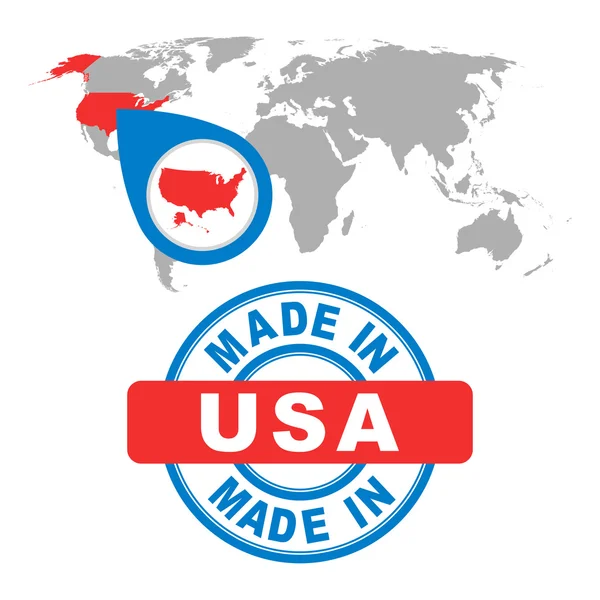 Made in USA, Amerikai bélyeg. Világtérképet piros országgal. Vektor jelvény lapos stílusban, fehér alapon. — Stock Vector