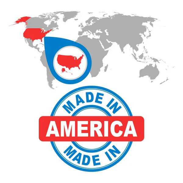 Φτιαγμένο στην Αμερική, στις ΗΠΑ γραμματόσημο. Παγκόσμιος Χάρτης με την κόκκινη χώρα. Έμβλημα σε επίπεδη μορφή σε λευκό φόντο. — Διανυσματικό Αρχείο