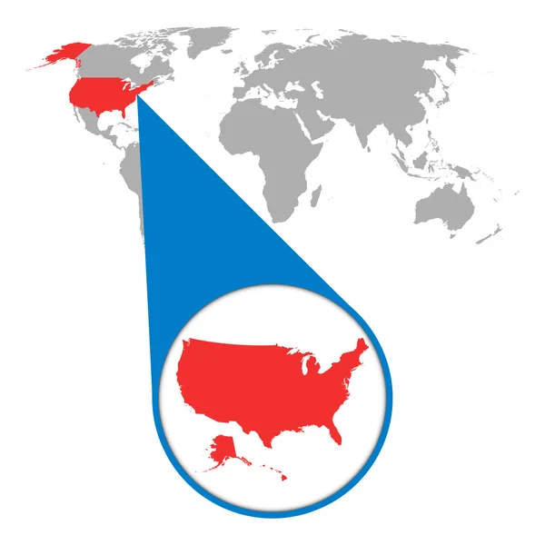 Mappa del mondo con zoom su Usa. Mappa America a Loupe. Illustrazione vettoriale in stile piatto — Vettoriale Stock