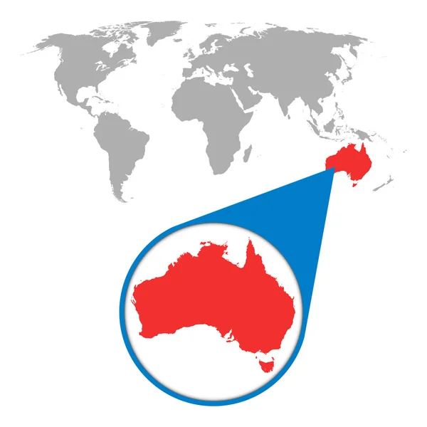 Mapa do mundo com zoom na Austrália. Mapa em lupa. Ilustração vetorial em estilo plano —  Vetores de Stock