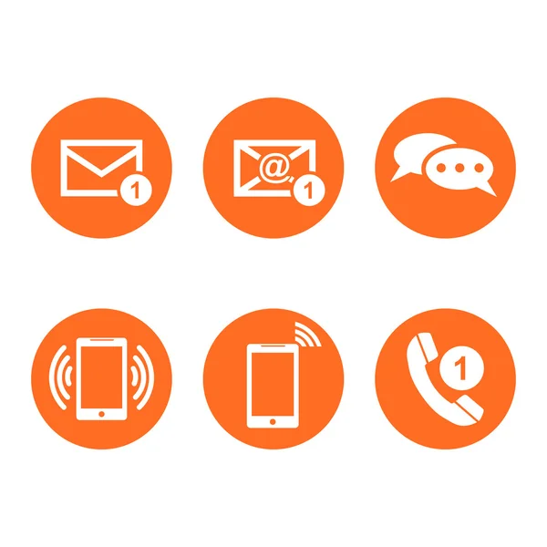 Botones de contacto establecen iconos. Correo electrónico, sobre, teléfono, móvil. Ilustración vectorial en estilo plano sobre fondo redondo naranja . — Vector de stock