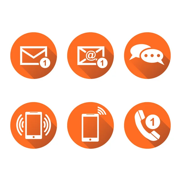 Botones de contacto establecen iconos. Correo electrónico, sobre, teléfono, móvil. Ilustración vectorial en estilo plano sobre fondo redondo naranja con sombra . — Vector de stock