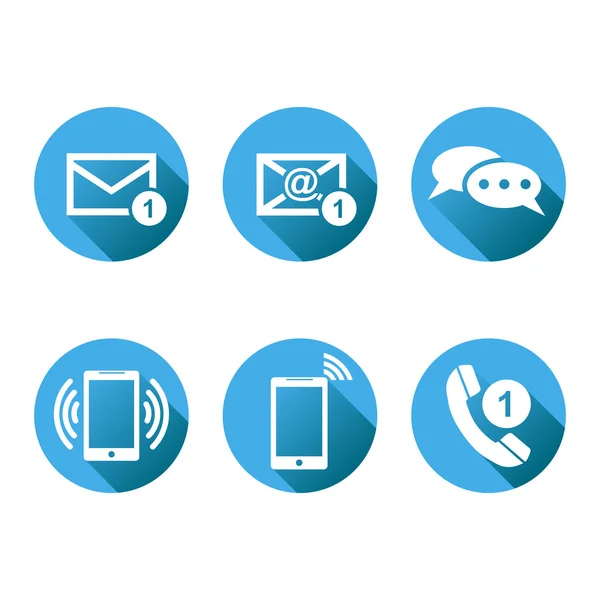 Botones de contacto establecen iconos. Correo electrónico, sobre, teléfono, móvil. Ilustración vectorial en estilo plano sobre fondo azul redondo con sombra . — Vector de stock