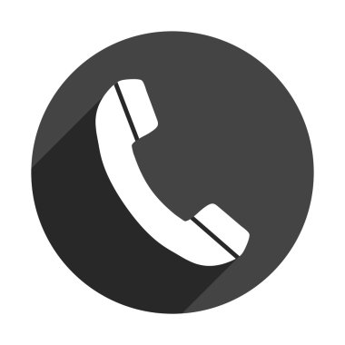 Düz tarzda telefon simgesi. Gölgeli yuvarlak siyah arka plan üzerinde vektör çizimi.