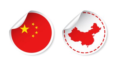 Bayrak ve harita ile Çin etiket. Etiket, etiket ülke ile yuvarlak. Beyaz arka plan üzerinde vektör çizim.