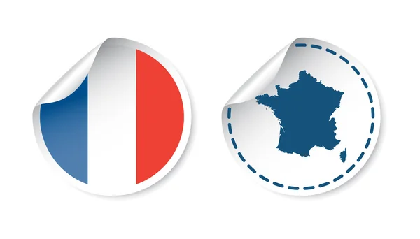 Pegatina de Francia con bandera y mapa. Etiqueta, etiqueta redonda con el país. Ilustración vectorial sobre fondo blanco . — Vector de stock