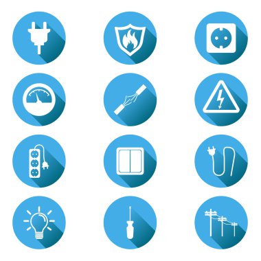 Elektrik simgesi. Gölge mavi daire zemin üzerine düz stil vektör çizim.