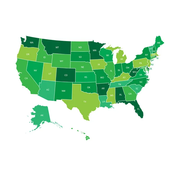 Alto mapa detallado de Estados Unidos con estados federales. Ilustración vectorial Estados Unidos de América en color verde . — Archivo Imágenes Vectoriales