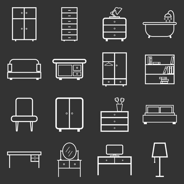 Furniture icons set. Flat vector illustration on black background. Universal icon for web design.