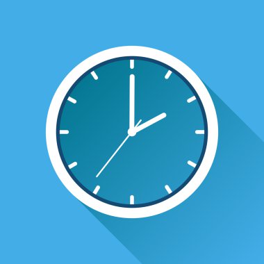 Saat simgesi, düz tasarım. Vektör çizim ile mavi arka plan üzerinde uzun gölge.