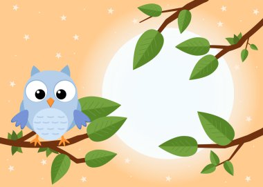 Renkli ağaç ile şirin baykuş. Güneşli ormandaki karikatür kuş. Düz vektör çizim.