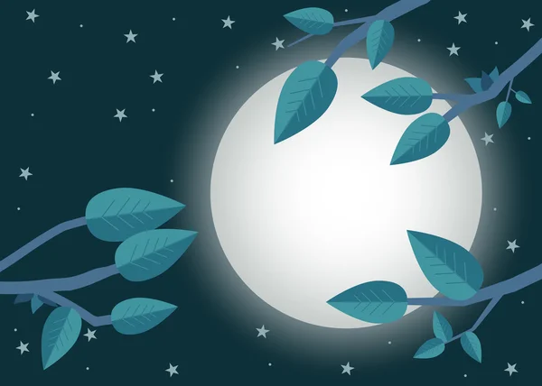 Çizgi film günbatımı. Düz vektör çizim, ağaç, yaprak, ay ve gece. — Stok Vektör