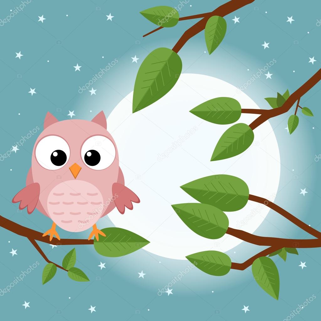 Colorful tree with cute owl. Cartoon bird in moon forest. Flat vector illustration.