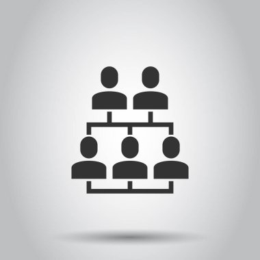 Şirket organizasyon şeması ve iş adamları düz bir şekilde ikonu temsil ediyor. Beyaz arka planda insanlar işbirliği yapıyor. Takım çalışması konsepti.