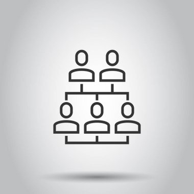 Şirket organizasyon şeması ve iş adamları düz bir şekilde ikonu temsil ediyor. Beyaz arka planda insanlar işbirliği yapıyor. Takım çalışması konsepti.