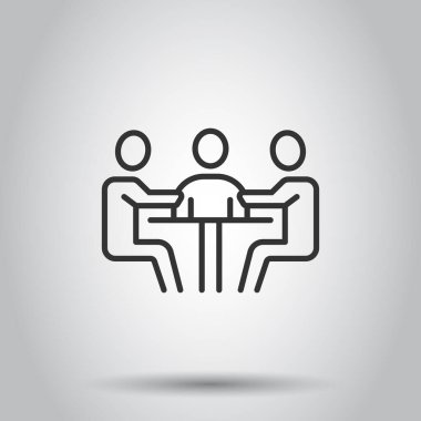 Masa simgesi olan insanlar. Beyaz izole edilmiş arka planda takım çalışması konferans vektör illüstrasyonu. Konuşma penceresi iş konsepti.