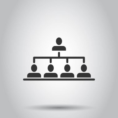Şirket organizasyon şeması ve iş adamları düz bir şekilde ikonu temsil ediyor. Beyaz arka planda insanlar işbirliği yapıyor. Takım çalışması konsepti.