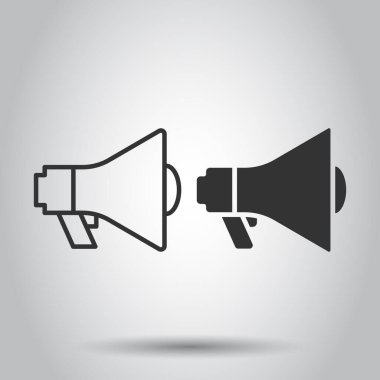 Düz stilde megafon hoparlörü simgesi. Beyaz izole arka planda Bullhorn işaret vektör illüstrasyonu. Çığlık duyurusu iş konsepti.