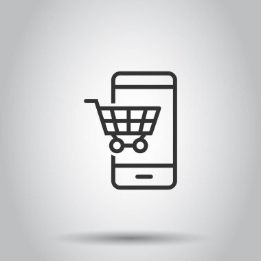 Çevrimiçi alışveriş ikonu. Beyaz izole arkaplanda akıllı telefon mağaza vektör çizimi. Piyasa iş konsepti.
