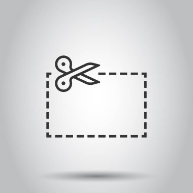 Düz stil kesilmiş kupon çizgileri simgesi. Beyaz izole arkaplanda makas kesme işareti vektör çizimi. Satış etiketi iş konsepti.