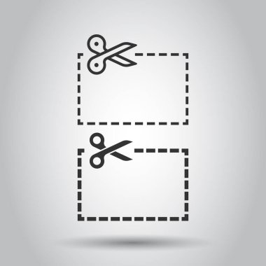 Düz stil kesilmiş kupon çizgileri simgesi. Beyaz izole arkaplanda makas kesme işareti vektör çizimi. Satış etiketi iş konsepti.