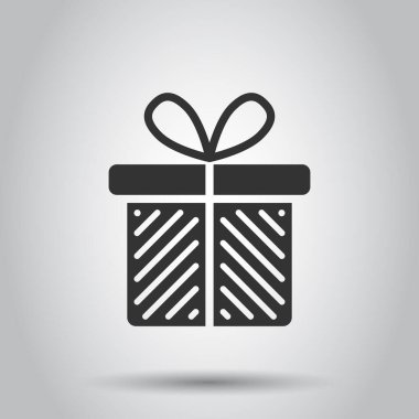 Düz stil hediye kutusu simgesi. Beyaz izole edilmiş arkaplanda mevcut paket vektör çizimi. Sürpriz iş konsepti.