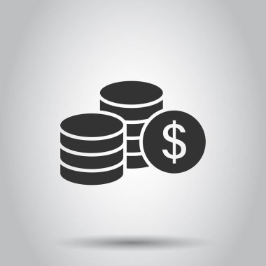 Bozuk para yığın simgesi düz stil. Beyaz izole edilmiş arka planda dolar sikke vektör çizimi. Para yığılmış iş konsepti.