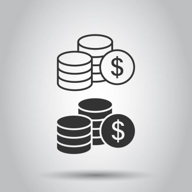 Bozuk para yığın simgesi düz stil. Beyaz izole edilmiş arka planda dolar sikke vektör çizimi. Para yığılmış iş konsepti.