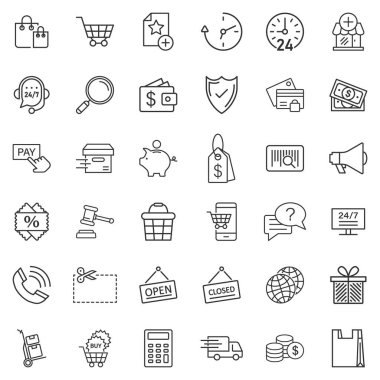 Alışveriş simgesi düz stil olarak ayarlandı. Beyaz izole edilmiş arka planda çevrimiçi ticaret vektör illüstrasyonu. Market iş konsepti.