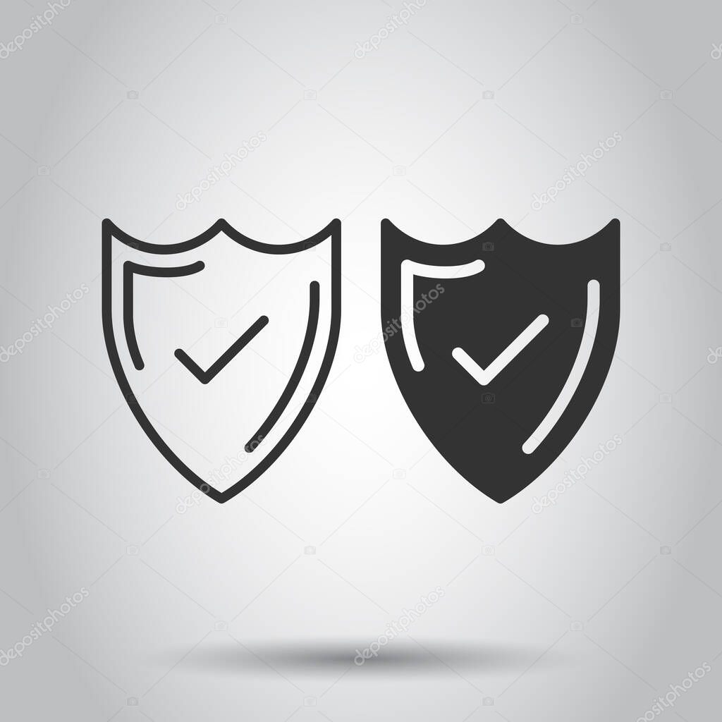 Shield with check mark icon in flat style. Protect vector illustration on white isolated background. Checkmark guard business concept.