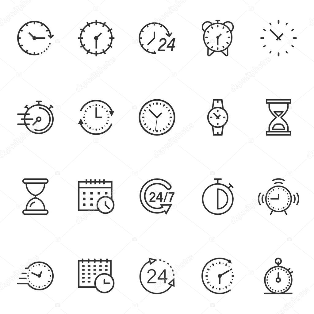Time icon set in flat style. Agenda clock vector illustration on white isolated background. Sandglass, wristwatch timer business concept.