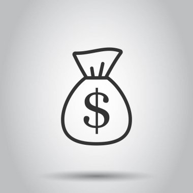 Para çantası ikonu düz stil. Beyaz izole edilmiş arka planda dolar vektör illüstrasyonlu para çantası. Para çuvalı iş konsepti.