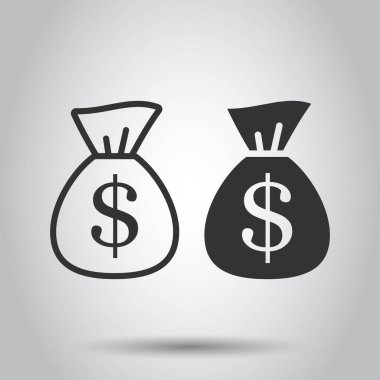 Para çantası ikonu düz stil. Beyaz izole edilmiş arka planda dolar vektör illüstrasyonlu para çantası. Para çuvalı iş konsepti.