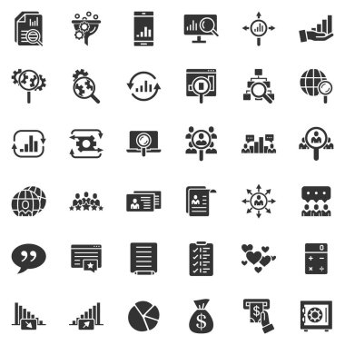 Küresel para simgesi düz bir şekilde ayarlandı. Beyaz izole edilmiş arka planda küresel bilgi vektörü illüstrasyonu. Finans veri ticareti kavramı.