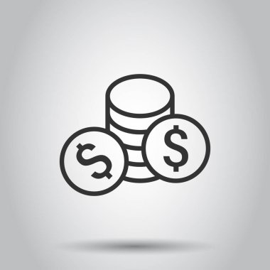 Bozuk para yığın simgesi düz stil. Beyaz izole edilmiş arka planda dolar sikke vektör çizimi. Para yığılmış iş konsepti.