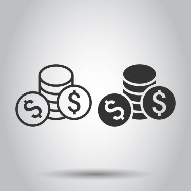 Bozuk para yığın simgesi düz stil. Beyaz izole edilmiş arka planda dolar sikke vektör çizimi. Para yığılmış iş konsepti.