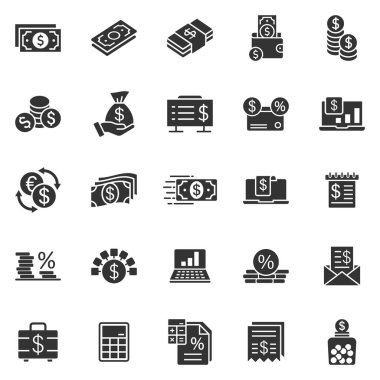 Para finans simgesi düz bir şekilde ayarlandı. Beyaz izole edilmiş arkaplanda ödeme vektör çizimi. Para birimi bütçe iş konsepti.