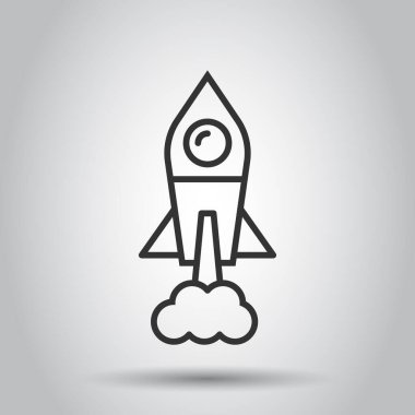 Düz stil bir roket ikonu. Beyaz izole arkaplanda uzay gemisi fırlatma vektör çizimi. Sputnik iş konsepti.