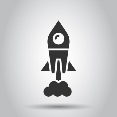Düz stil bir roket ikonu. Beyaz izole arkaplanda uzay gemisi fırlatma vektör çizimi. Sputnik iş konsepti.