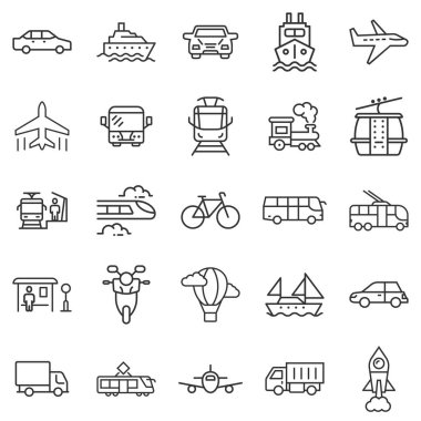 Taşıma simgesi düz biçimde ayarlandı. Beyaz izole edilmiş arka planda araba vektör koleksiyonu çizimi. Taşımacılık sektörü kavramı.