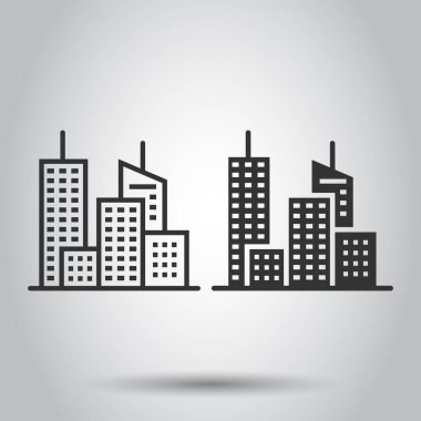 Düz bir ikon oluşturuluyor. Beyaz izole arka planda şehir gökdeleni daire vektör çizimi. Şehir kulesi iş konsepti.