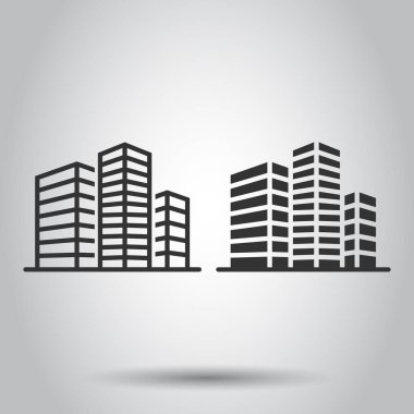 Düz bir ikon oluşturuluyor. Beyaz izole arka planda şehir gökdeleni daire vektör çizimi. Şehir kulesi iş konsepti.