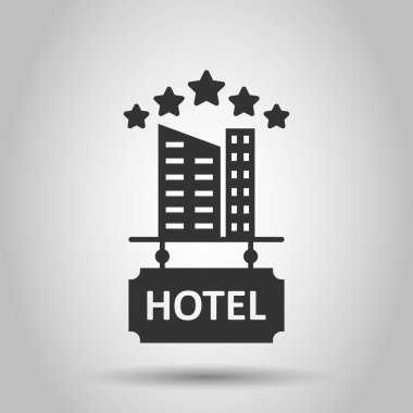 Otel 5 yıldızının işaret simgesi düz stil. Beyaz izole edilmiş arka planda otel binası vektör illüstrasyonu. Pansiyon odası iş konsepti.