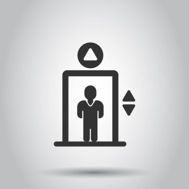 Düz bir asansör simgesi. Beyaz izole arkaplanda kaldırma vektörü çizimi. Yolcu taşımacılığı iş konsepti.