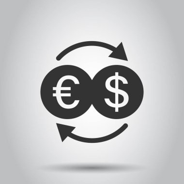 Döviz takas simgesi düz stil. Beyaz izole edilmiş arka planda dolar Euro transfer vektör illüstrasyonu. Finansal süreç iş kavramı.