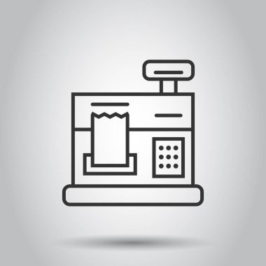 Yazar kasa simgesi düz stil. Beyaz izole edilmiş arkaplanda makine vektör çizimini kontrol et. Ödeme iş kavramı.